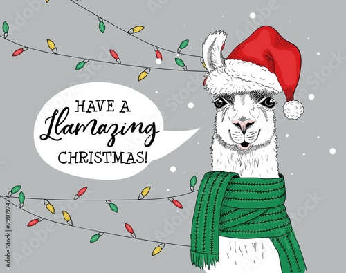 Have amazing and joyful christmas greeting card vector illustration. Alpaca in red santa claus hat with speech bubble congratulating everyone with llamazing xmas. Winter holidays concept