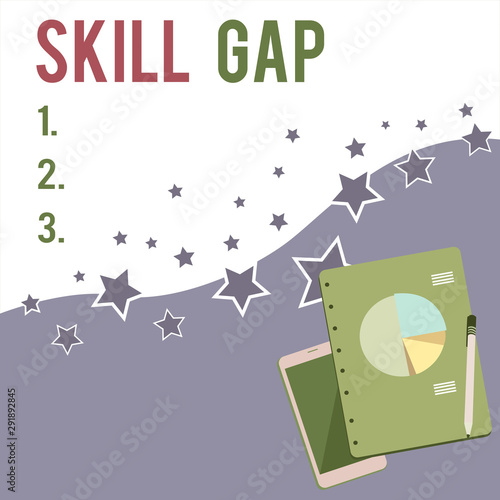 Text sign showing Skill Gap. Business photo showcasing Refering to a demonstrating s is weakness or limitation of knowlege Layout Smartphone Off Ballpoint Pen RingBound Notepad Business Pie Chart photo