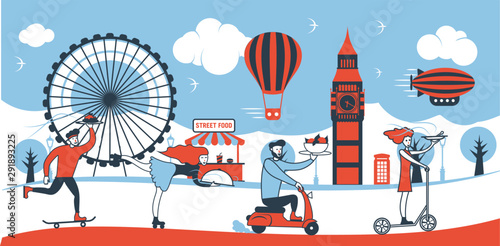 People enjoying and delivering food in London