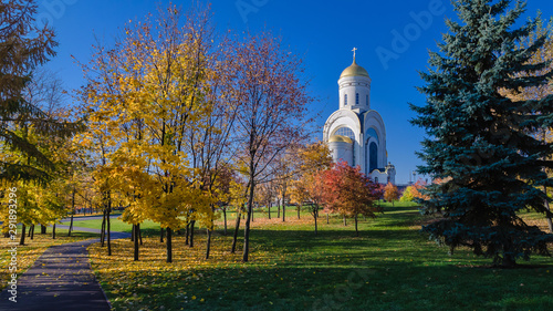 Victory Park on Poklonnaya hill in Moscow, Russia . The Temple of The Holy Great Martyr George The Victorious.