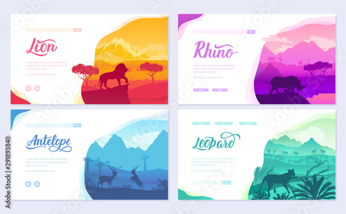 Brochures with African animals in natural habitat. Set of flyers with wildlife in the sunset of the day. Template of flyear, web banner, ui header, enter site. Layout illustration modern slider page