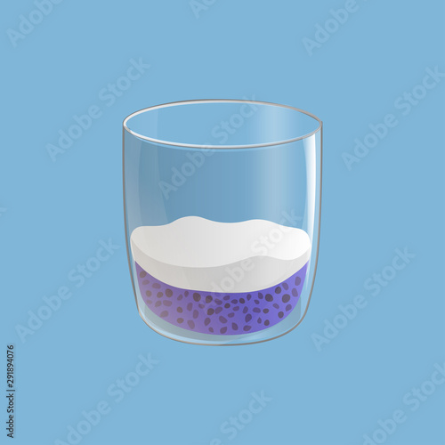 Chia seed pudding. Blueberry vegan snack in glass. Vector illstration isolated on blue background.