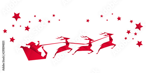 Święty Mikołaj, sanie i renifery. Bożonarodzeniowa kartka z życzeniami