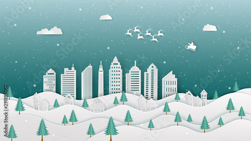 Merry Christmas with Santa Claus coming to city on winter night,for decorative,celebrate party,invitation or greeting card