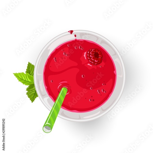Raspberry cocktail or mocktail in glass with straw. Delicious summer beverage, berry drink in transparent cup. Cartoon vector icon isolated on white for menu, recipe, cookbook, advertising. Top view.