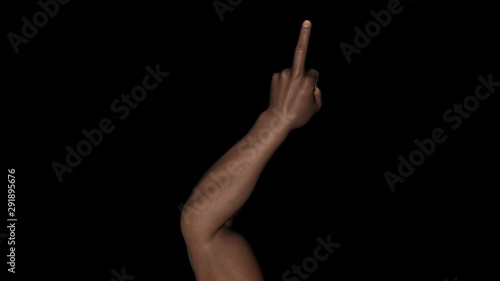 Pointing middle finger. Realistic 3D animation loop with alpha channel isolated on transparent background for individual and crowd social scenes in music, sport, politics.