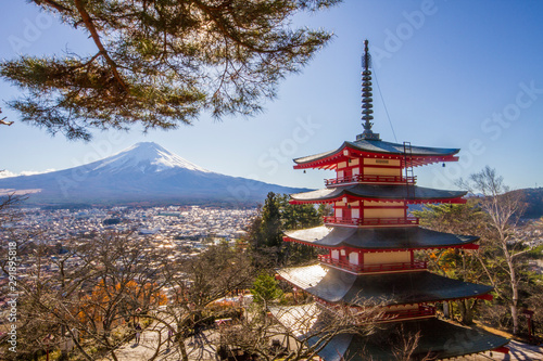 Beautiful landscape Mountain fuji and Chureito Pagoda  Yamanashi  Japan
