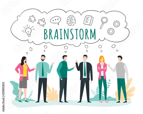 Illustration of business people talking and thinking. Brainstorm concept with doodle elements