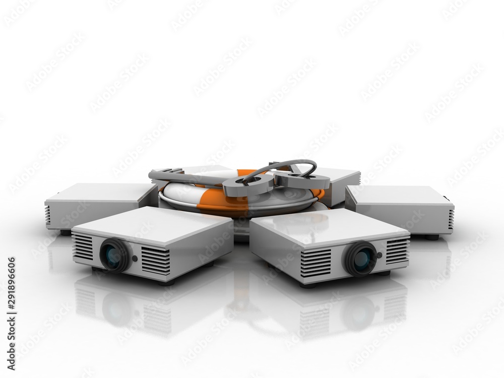 3d rendering Home Cinema Entertainment Full HD Projector with key in lifebelt 3d rendering Home Cinema Entertainment Full HD Projector with key in lifebelt