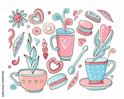 Vector collection of Doodle tea and coffee. Tea time elements collection. Set of icons sweets, cookies, donut, marshmallow, macaron, up, dessert, souffle in vector. Hand drawn