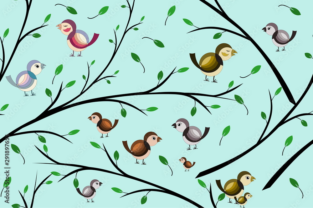Cartoon shading color birds on branches and green leaves on pale blue color background seasonal seamless pattern. Great for fabric, textile, wrap paper, wallpaper.