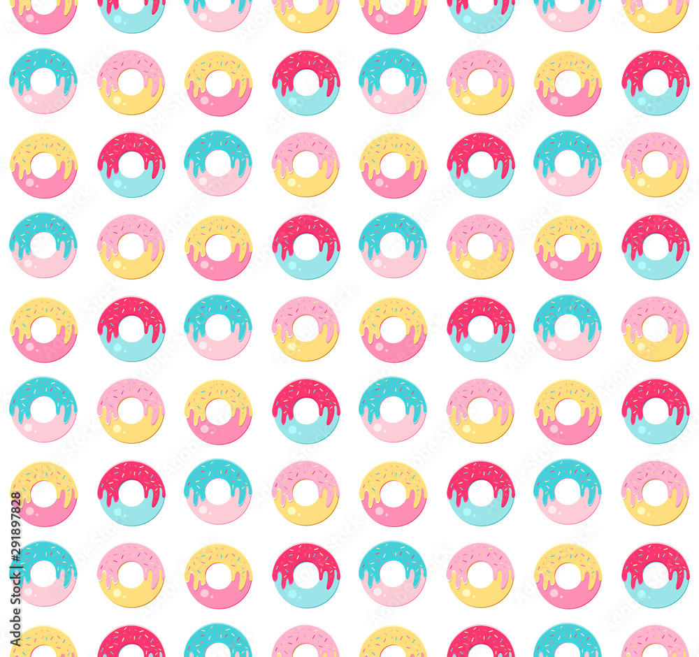 Seamless pattern sweet donut with bright, multicolored glaze. Modern icons in a flat vector. Top view. Kawaii Seamless pattern sweet donut with bright, multicolored glaze. Modern icons in a flat vector. Top view. Kawaii