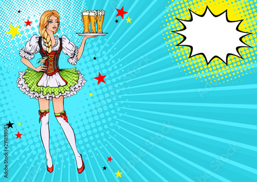 Vector bright colored background in Pop Art style. Pretty sexy girl with beer in traditional Bavarian dress. Poster to oktoberfest festival, beer festival, brewing