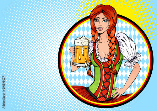 Vector bright colored background in Pop Art style. Pretty sexy girl with beer in traditional Bavarian dress. Poster to oktoberfest festival, beer festival, brewing