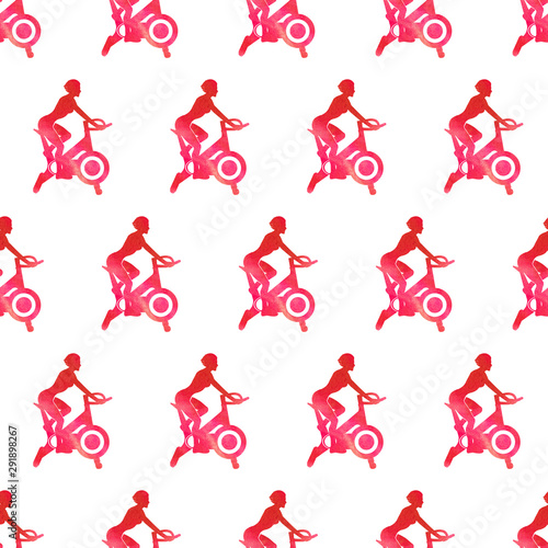 Seamless pattern workout in the gym. Woman trains on a stationary bike. Sports lifestyle. Watercolor illustration with active young girl.