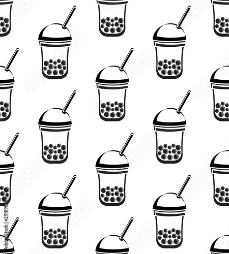 Seamless pattern Bubble Tea, Pearl milk tea, black and white pearls. Taiwanese tea-based drink with chewy tapioca ball which also known as pearls, or bobals. Black and white background