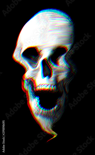 Glitch skull illustration floating on dark BG