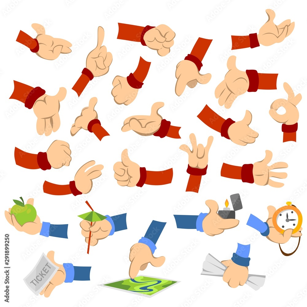 Cartoon hands of different poses performing actions set vector illustration. Collection of arms showing various gestures flat style concept. Isolated on white background Cartoon hands of different poses performing actions set vector illustration. Collection of arms showing various gestures flat style concept. Isolated on white background