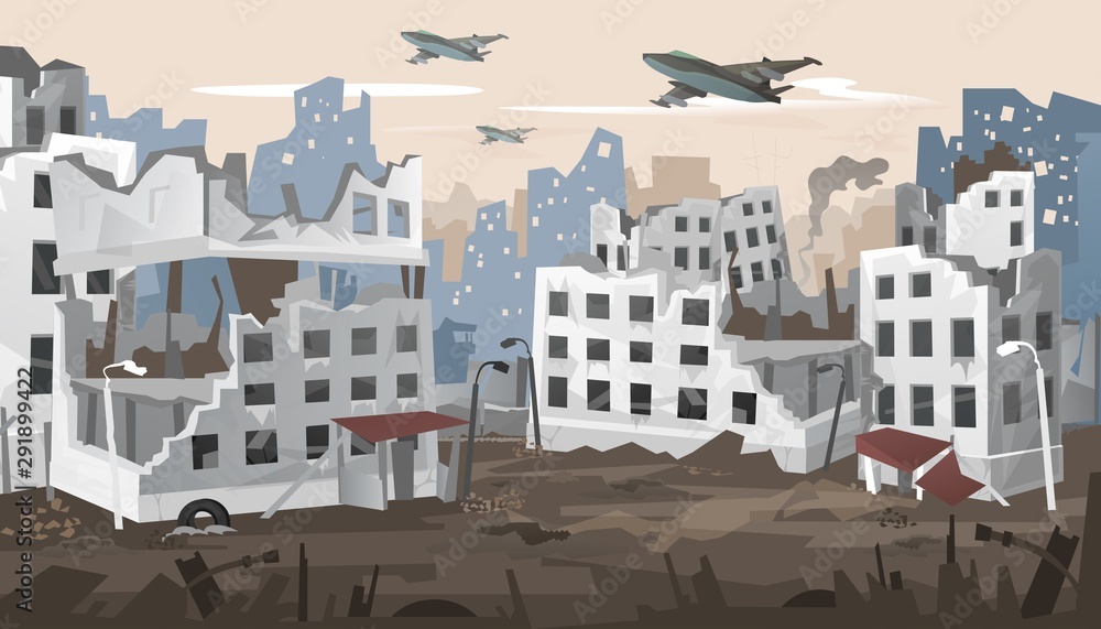 Bombed city suffered from intense warfare banner vector illustration