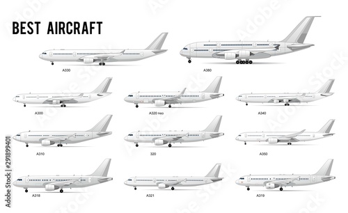 Different kind airplanes commercial models set vector illustration. Collection consist of modern types of best aircrafts flat style design. Large and small air passenger ship. Isolated on white photo