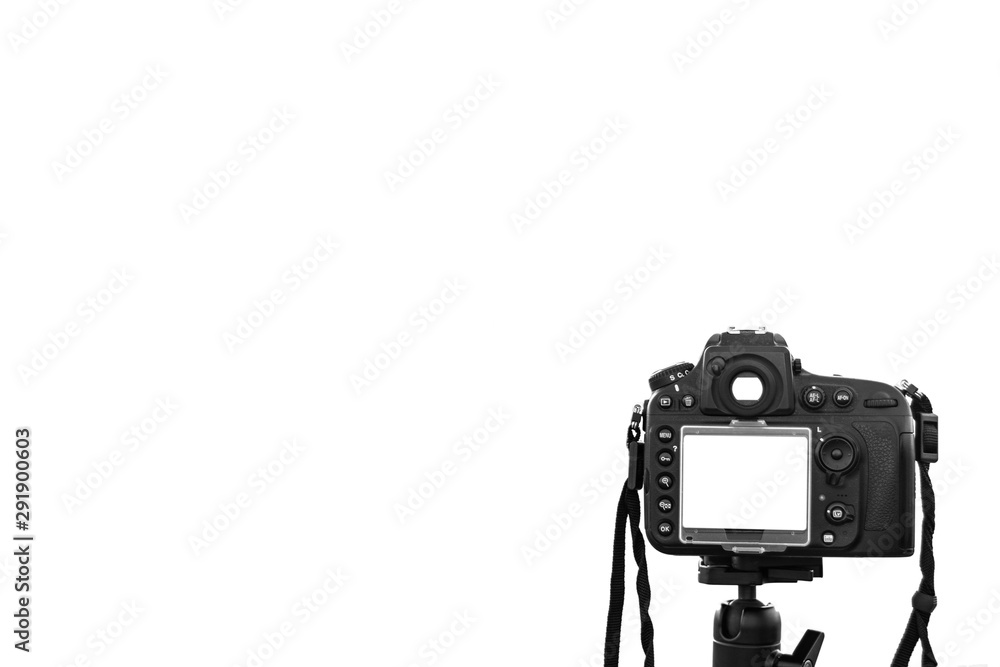 A Photo camera taking picture. Digital camera isolated on a white with isolated white screen. DSLR camera isolated