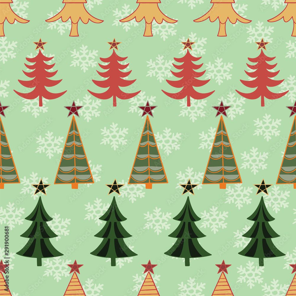 Vector Christmas Tree Seamless Pattern on green background