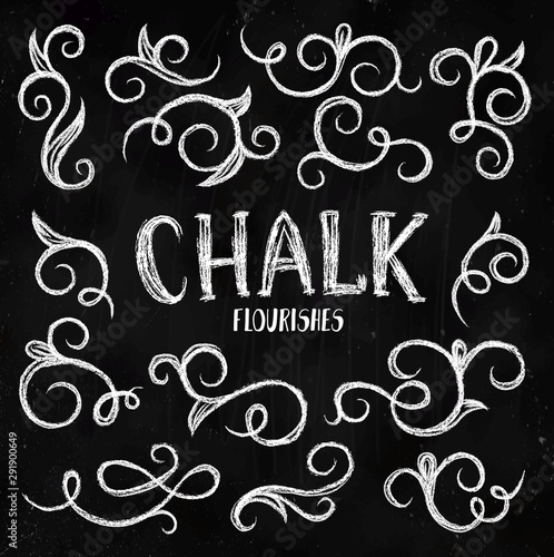 Flourishes collection with swirl lines on chalkboard vector illustration. Ornamental chalkboard with hand-drawn lettering floral in white color. Board with calligraphy phrase and pattern