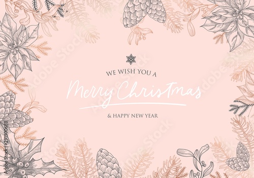 We wish you Merry Christmas and Happy New Year postcard vector illustration. Hand sketched winter greeting card pink and gold. Poster with snowflake, fir and lettering