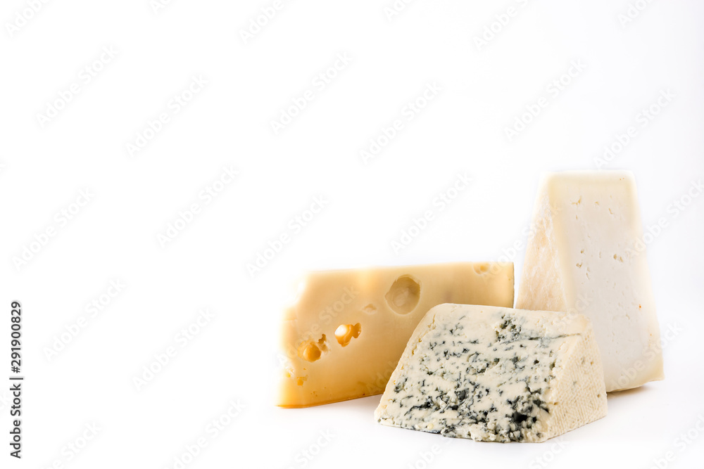 Different types of cheeses isolated on white background. Copy space