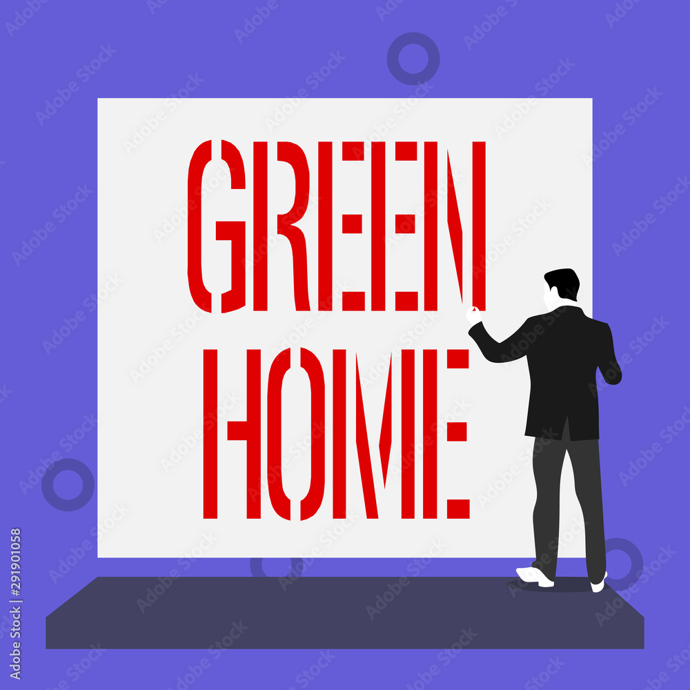 Handwriting text writing Green Home. Conceptual photo An area filled with plants and trees where you can relax Back view young man dressed suit standing platform facing blank rectangle