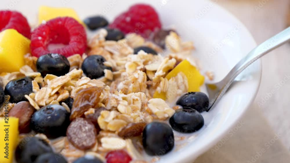 healthy breakfast with muesli, fruit and milk healthy breakfast with muesli, fruit and milk