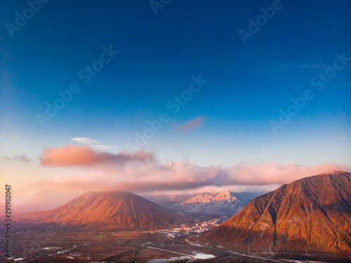 Sunset in mountains Khibiny Kola Peninsula, Russia. Aerial view