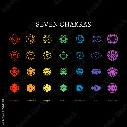 Seven human chakras set, flat colorful icons, muladhara, svadhishthana, manipura, anahata, vishuddha, ajna, sahasrara, vector illustration