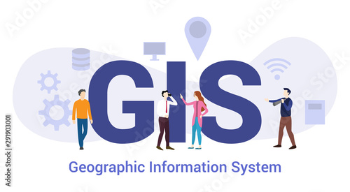 gis geographical information system technology concept with big word or text and team people with modern flat style - vector photo