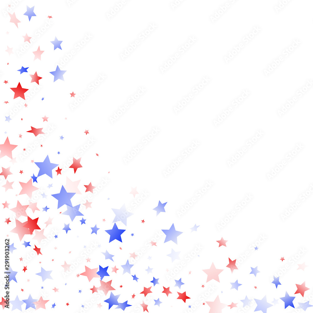 Flying red blue white star sparkles on white vector american patriotic background. Flying red blue white star sparkles on white vector american patriotic background.