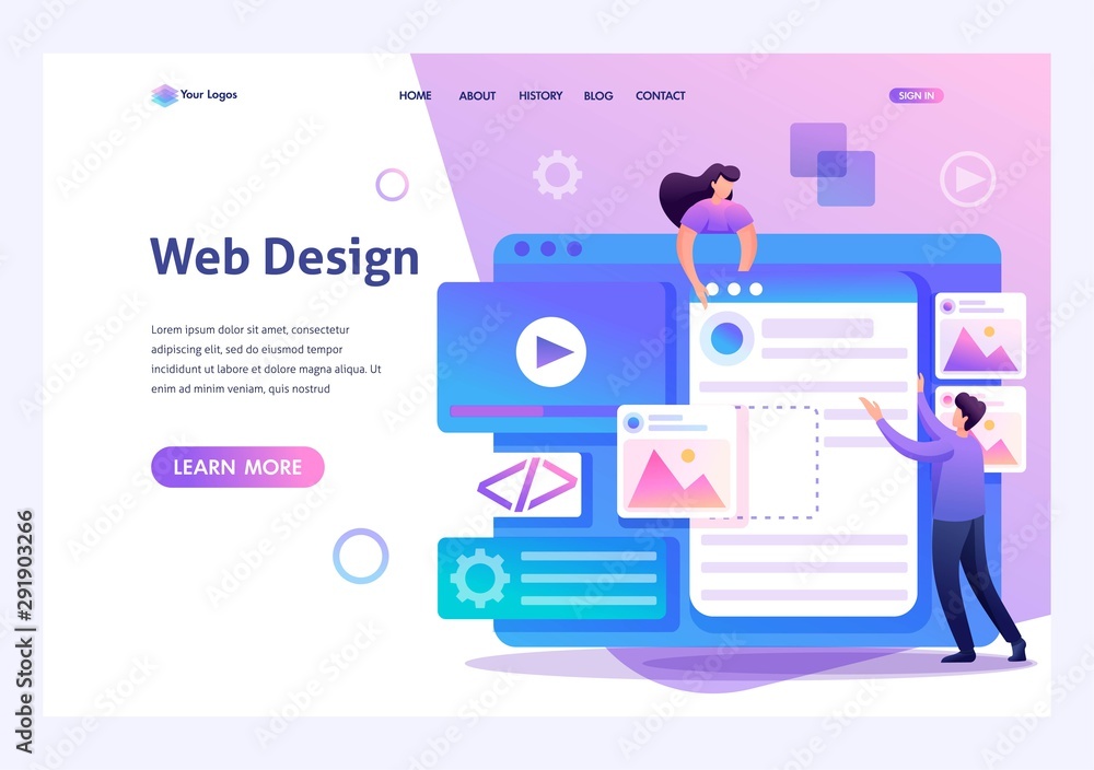 Young people are engaged in web design, website page development. Flat 2D character. Landing page concepts and web design - obrazy, fototapety, plakaty 