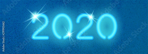 2020 digital web banner. Vector neon blue numbers on a halftone pixel background. Social media layout