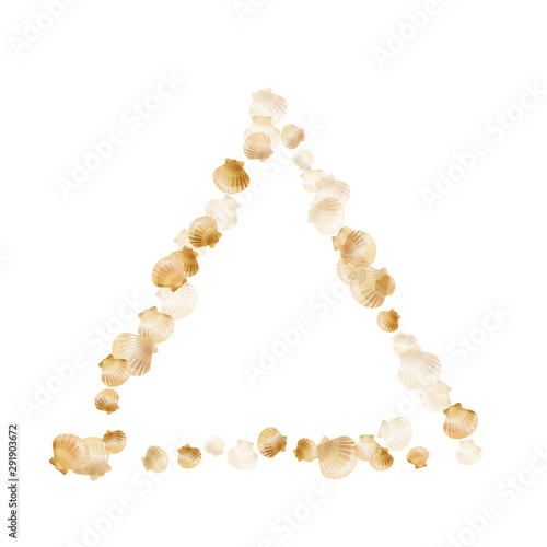 Gold seashells vector, golden pearl bivalved mollusks. Exotic scallop, bivalve pearl shell, marine mollusk isolated