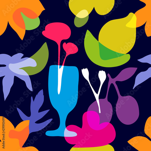 Seamless pattern with glassware and flowers.