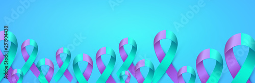 3d Purple Blue ribbon card to Suicide Prevention Awareness Month. Double colour Ribbon poster.
