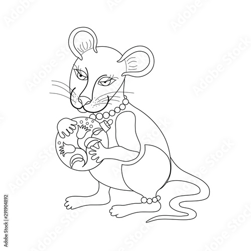 A female mouse stands on its hind legs. Decorated with beads and a bracelet, the rat has human eyes. Isolated black and white illustration for coloring, books, prints, clothes, symbol of 2020.
