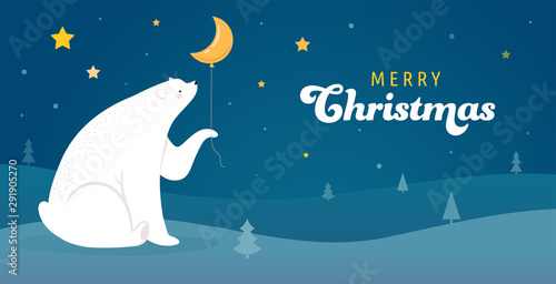 Merry Christmas greeting card, banner. White polar bear is holding gold star balloon, vector cartoon illustration