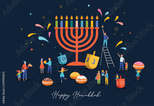 Happy Hanukkah, Jewish Festival of Lights scene with people, happy families with children photo