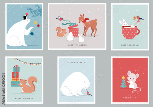 Winter forest animals, Merry Christmas greeting cards, posters with cute bear, birds, bunny, deer, mouse and penguin. 