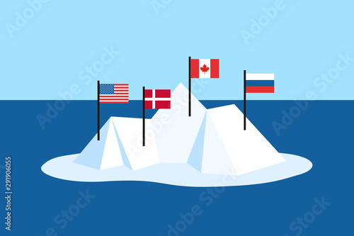 Territorial claim in the Arctic ocean - Canada, Denmark, Russia and United States of America (USA) are possessing land and territory on the iceberg. Vector illustration 