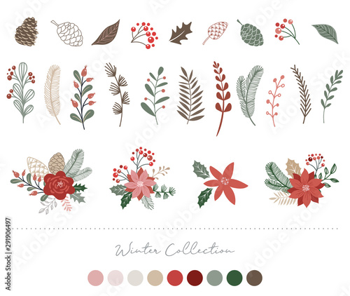 Botanical Christmas, Xmas elements, winter flowers, leaves, birds and pinecones isolated on white backgrounds.