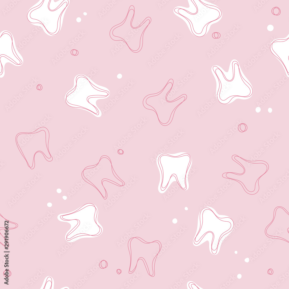 Seamless teeth pattern. Cute pink background with white teeth and dots for dental, oral medicine design. Seamless teeth pattern. Cute pink background with white teeth and dots for dental, oral medicine design.