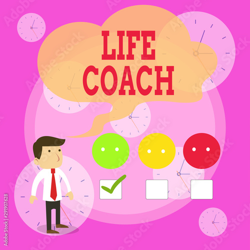 Writing note showing Life Coach. Business concept for A demonstrating who advices clients how to solve their problems or goals White Questionnaire Survey Choice Satisfaction Green Tick photo