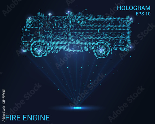 Hologram fire engine. Holographic projection fire truck. Flickering energy flux of particles. Scientific design fire protection.