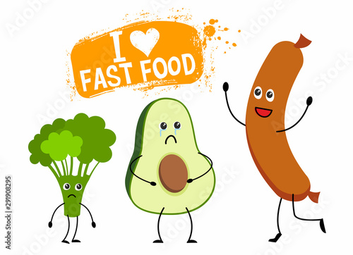 Happy cute sausage, sad broccoli and avocado in cartoon style with lettering ...